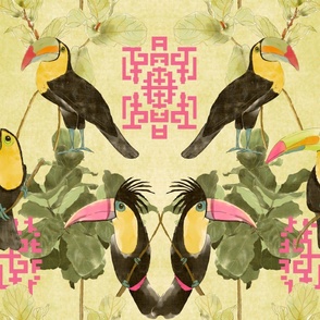 Toucan Chinoiserie-Pink Accent on green A with orange A (large scale)