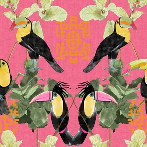 Toucan Chinoiserie-orange accent on pink with white texture B (large scale)