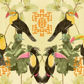 Toucan Chinoiserie -orange accents on green B with orange B (large scale)