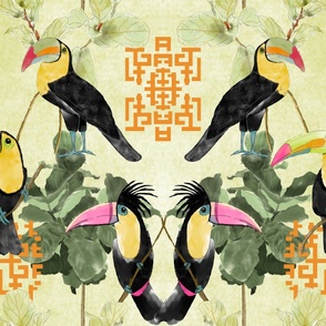 Toucan Chinoiserie -orange accent on green A (large scale)