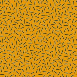 (M) Blue hand-drawn ditsy lines and dots on bright saffron yellow