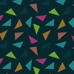 (M) Colorful vintage triangles on black with lines