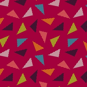 (M) Colorful vintage triangles on brigt raspberry with lines