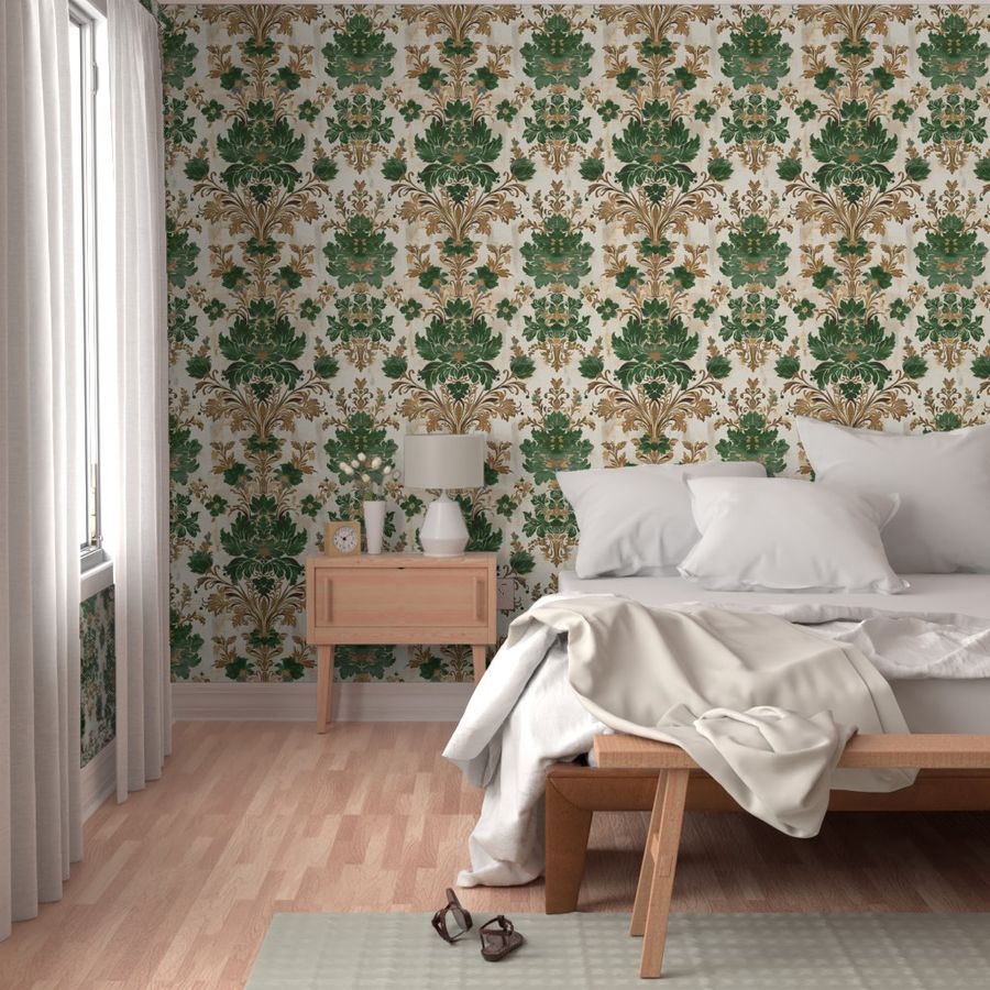 Dynasty Damask - Green Forest- Cream/Gold Wallpaper