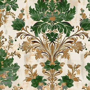 Dynasty Damask - Green Forest- Cream/Gold Wallpaper - New for 2024