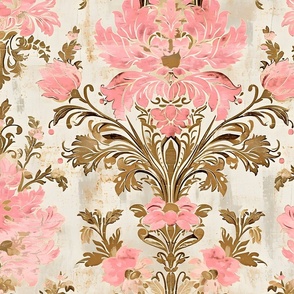 Dynasty Damask - Peony Pink - Cream/Gold Wallpaper - New for 2024