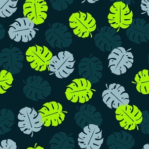 (M) Retro bright green blue-grey charcoal monstera leaves on black