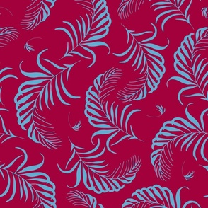 (M) Palm tree leaves in retro blue whimsical on bright raspberry red