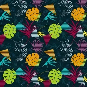 (S) Vintage colorful palm tree leaves and geometric shapes with textured lines on black