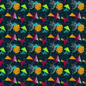 (S) Vintage colorful palm tree leaves and geometric shapes on black