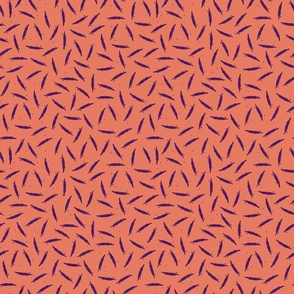 (M) Violet hand-drawn ditsy lines and dots on coral orange