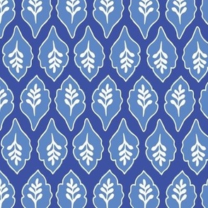 Block print folk art leaf pattern in horizontal stripes / dutch blue and white