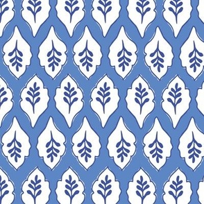Block print folk art leaf pattern in horizontal stripes / blue and white