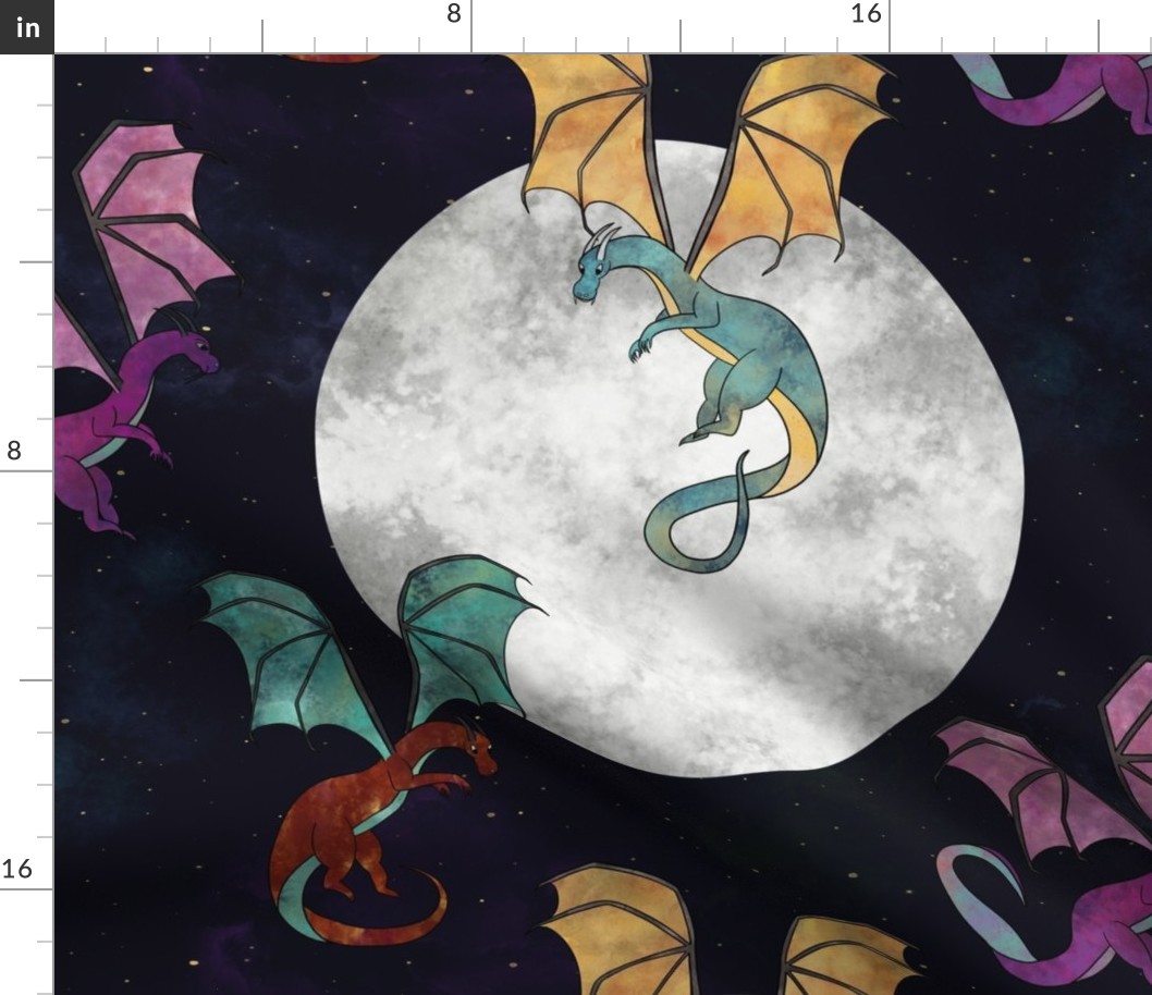 Full Moon Dragons, medium, whimsical, dark blue, fantasy, night, medieval, fairytales, wings, watercolor, artist designed, lunar, nurse scrubs, mythical creatures, magic, adventure, lands beyond, outdoor