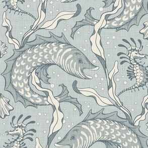 Beaux Arts Sea Life - Jumbo - Linen Texture - Aqua - Coastal Wallpaper - Half Drop