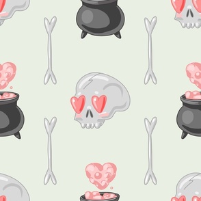 Cool skull and love potion. Creepy Valentine seamless pattern 4