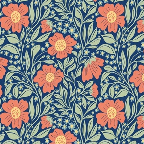 Welcoming Walls of Orange Florals small scale, Navy Background 
