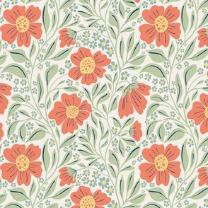 Welcoming Walls of Orange Florals small scale, off white Background 