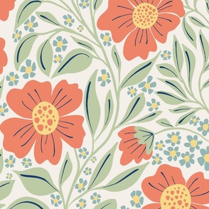 Welcoming Walls of Orange Florals medium scale, off white Background 