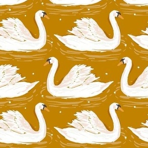 24 inch Swimming Swans on Gold Wallpaper or Fabric