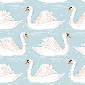 24 inch Swimming Swans on Light Grayish Blue Wallpaper or Fabric