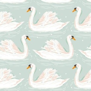 24 inch Swimming  Swans on Light Grayish Mint Wallpaper or Fabric