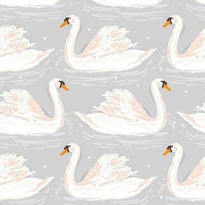 24 inch Swimming Swans on Light Gray Wallpaper or Fabric