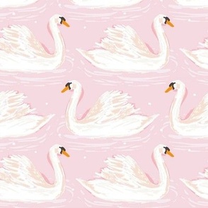 24 inch Swimming Swans on Light Pink Wallpaper or Fabric