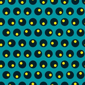 (M) Vintage black and yellow polka dots on cerulean blue 