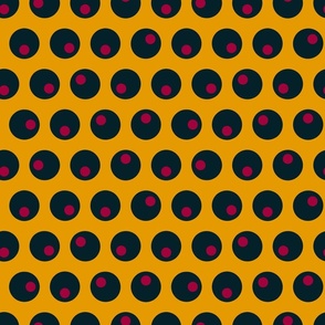 (M) Vintage black and red polka dots on bright marigold orange 