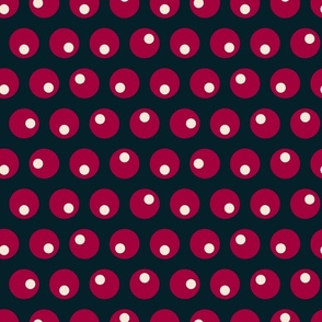 (M) Vintage bright raspberry red and white polka dots on black 