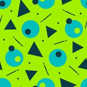 (M) Vintage cyan and black polka dots triangles and stripes on bright green