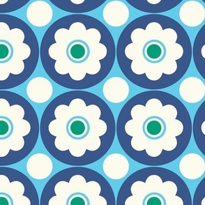 Small - Retro flowers - green_ blue_ white and purple - bold and happy retro floral - midcentury mid century midmod mcm 60s flowers 70s flowers