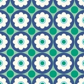 Extra small - Retro flowers - green_ blue and white - bold and happy retro floral - midcentury mid century midmod mcm 60s flowers 70s flowers
