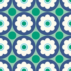 Medium - Retro flowers - green_ blue and white - bold and happy retro floral - midcentury mid century midmod mcm 60s flowers 70s flowers