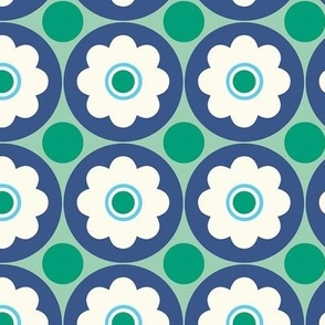 Small - Retro flowers - green_ blue and white - bold and happy retro floral - midcentury mid century midmod mcm 60s flowers 70s flowers