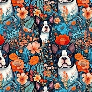 Boston Terrier Floral Teal Orange 1