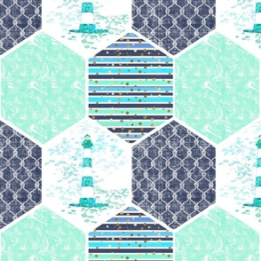 Nautical Lighthouse Design 4 Honeycomb Design Repeating Pattern, Mint and Navy