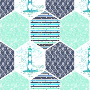 Nautical Lighthouse Design 3 Honeycomb Design Repeating Pattern, Mint and Navy