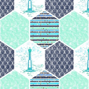 Nautical Lighthouse  Design 2 Honeycomb Design Repeating Pattern, Mint and Navy