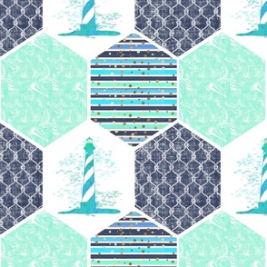 Nautical Lighthouse Honeycomb Design Repeating Pattern, Mint and Navy