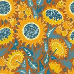 Sunflowers | Medium scale | orange, blue, terracotta