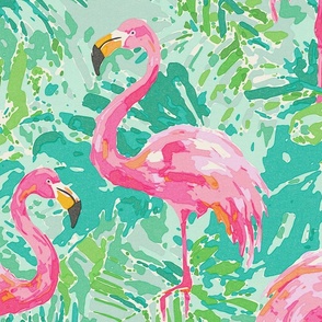 Flamingo with Teal and Green Palms - Abstract Southern Decor