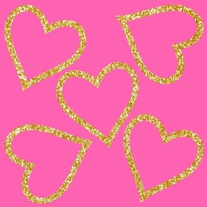 Gold Glitter Hearts on Pink, Large Scale