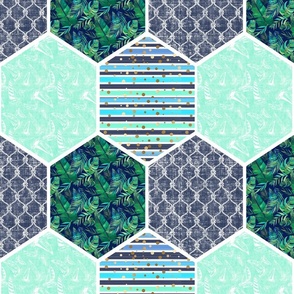 Tropical Honeycomb Design Repeating Pattern, Mint and Navy Design 3