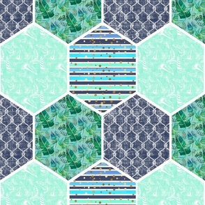 Tropical Honeycomb Design Repeating Pattern, Mint and Navy, Design 1