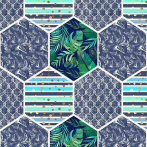 Tropical Honeycomb Design Repeating Pattern, Mint and Navy, Design 2