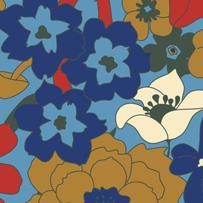 Retro Mushroom Floral in Country Blue + Red