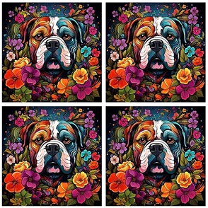 English Bulldog Bright Floral 2 Nine Inch Panel
