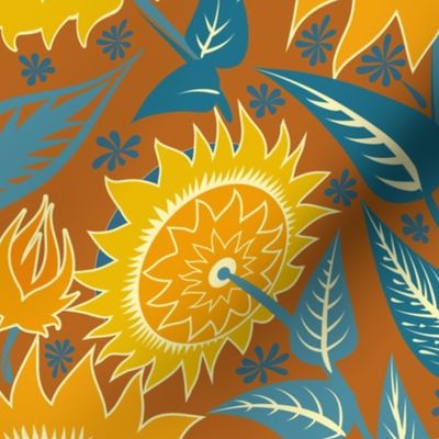 Sunflowers | Large scale | orange, blue, terracotta